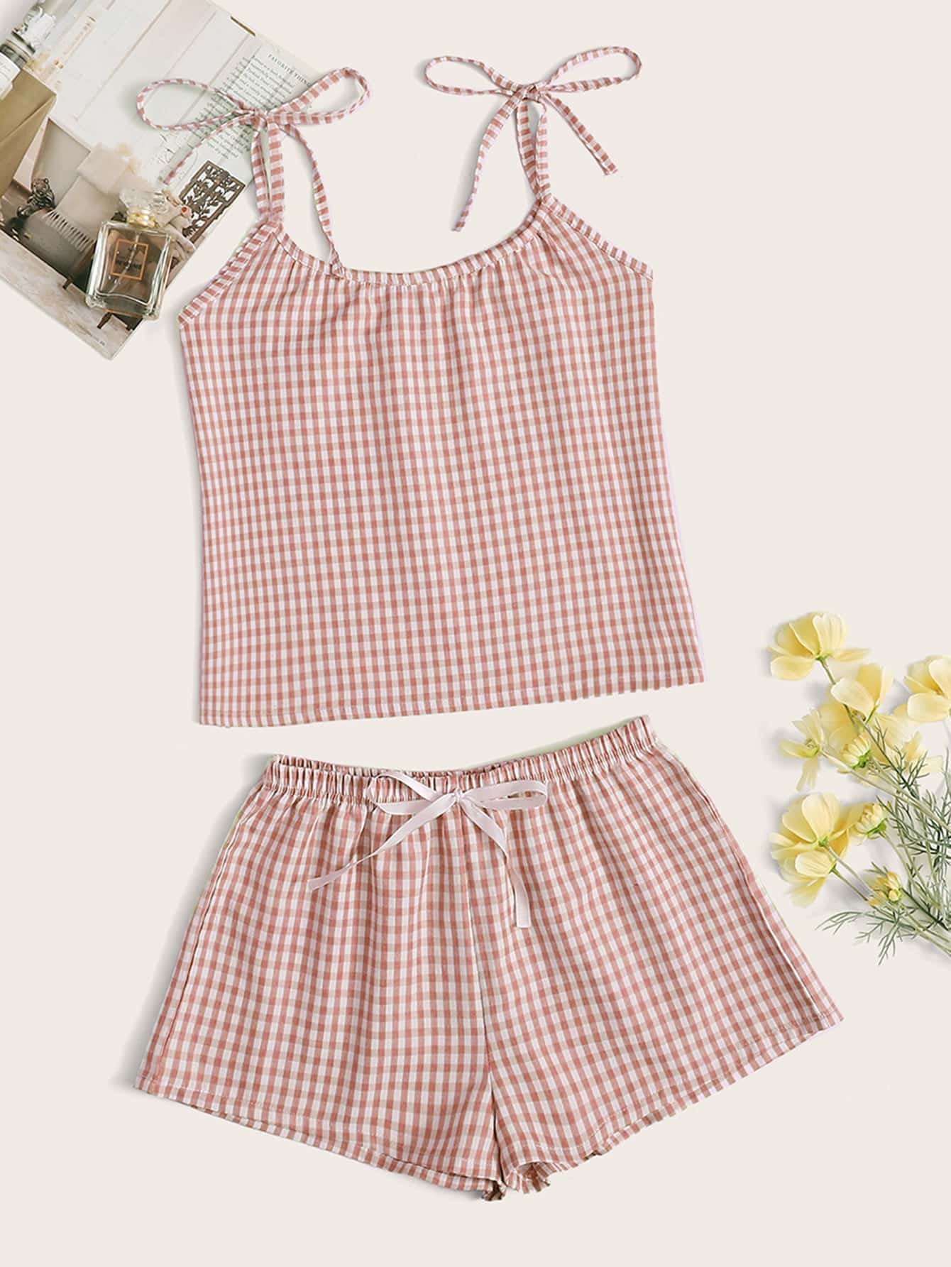 Gingham Tie Shoulder Cami Top With Shorts PJ Set - .