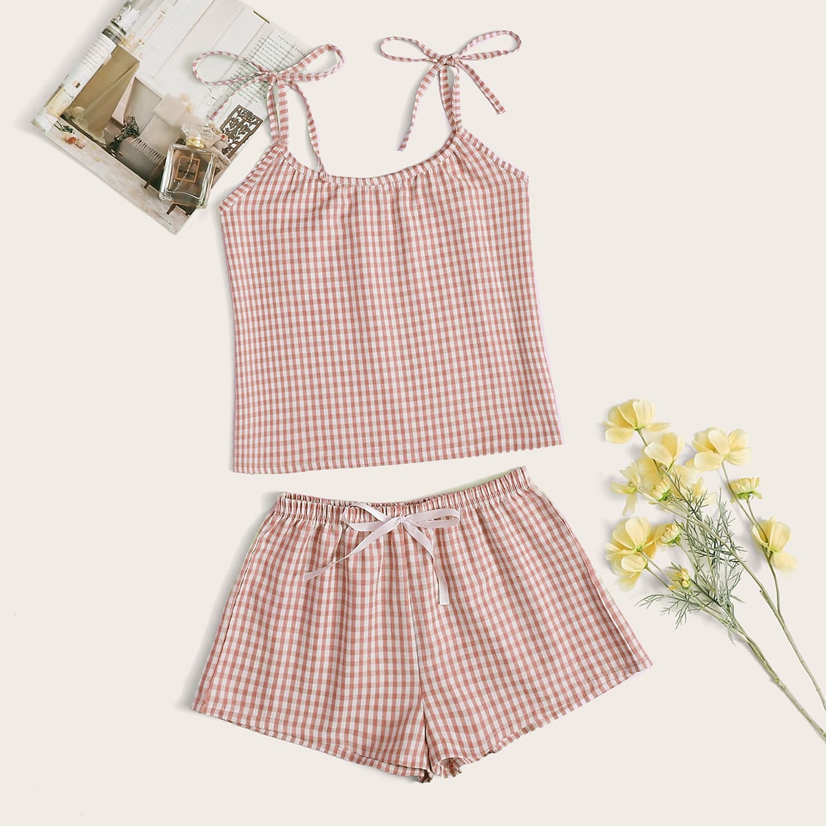 Gingham Tie Shoulder Cami Top With Shorts PJ Set - .