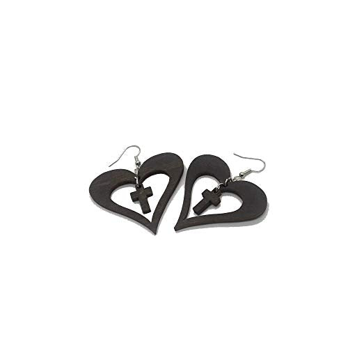 Desert Bloom Wooden Cross In A Heart Dangle Earrings - .