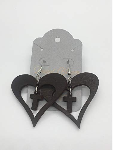 Desert Bloom Wooden Cross In A Heart Dangle Earrings - .