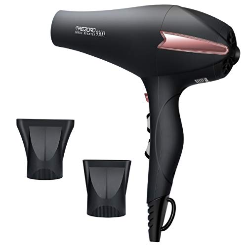 Professional Ionic Salon Hair Dryer, Powerful 2200 watt Ceramic Tourmaline Blow Dryer, Pro Ion quiet Hairdryer with 2 Concentrator Nozzle Attachments - Best Soft Touch Body/Black& Rose Gold - .
