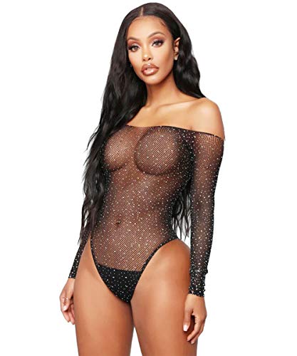 Love Rhinestone Fishnet Long Sleeve One Piece Bodysuit - .