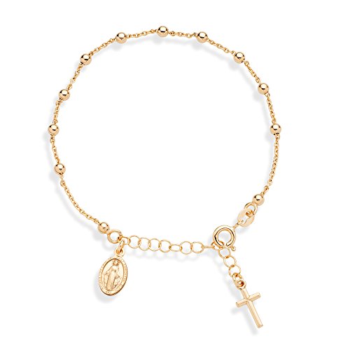 Miabella 18K Gold Over Sterling Silver Italian Rosary Cross Bead Charm Link Chain Bracelet for Women Teen Girls, Adjustable 6-7 or 7-8 Inch 925 Made in Italy (6" to 7") - .