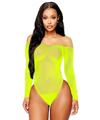 Love Rhinestone Fishnet Long Sleeve One Piece Bodysuit - .