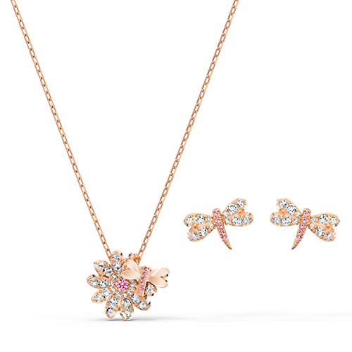 Swarovski Ginger Jewelry Set, Rose-Gold Tone Plated Women's Hoop Pierced Earrings and Pendant Necklace with White Crystals - .