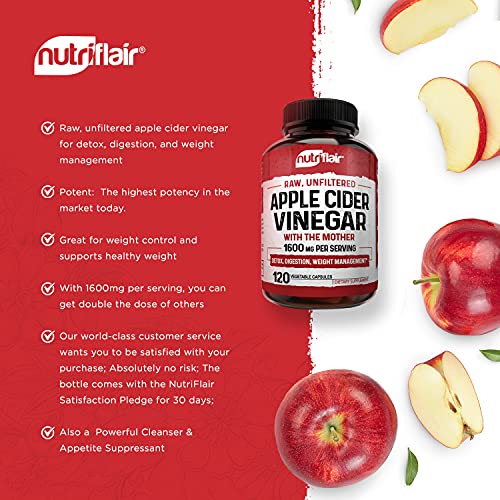 Apple Cider Vinegar Capsules with Mother 1600mg - 120 Vegan ACV Pills - Best Supplement for Healthy Weight Loss, Diet, Keto, Digestion, Detox, Immune - Powerful Cleanser & Appetite Suppressan - .