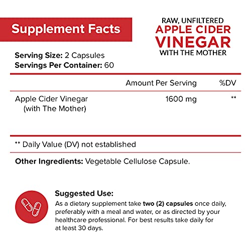 Apple Cider Vinegar Capsules with Mother 1600mg - 120 Vegan ACV Pills - Best Supplement for Healthy Weight Loss, Diet, Keto, Digestion, Detox, Immune - Powerful Cleanser & Appetite Suppressan - .