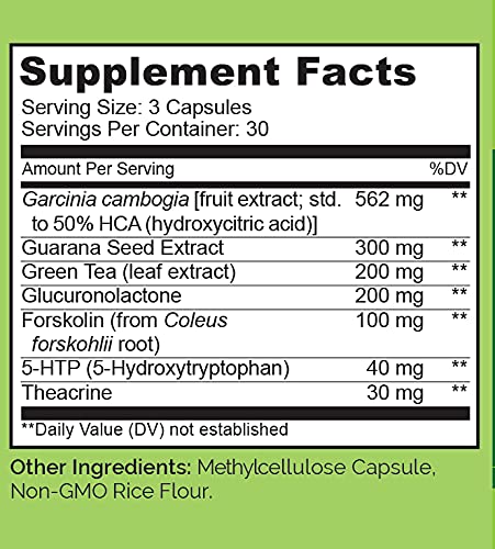 NATURELO Garcinia Cambogia + Guarana, Green Tea, Forskolin, 5-HTP – Thermogenic, Metabolism-Boosting Weight Management Blend - 90 Vegan Capsules - .