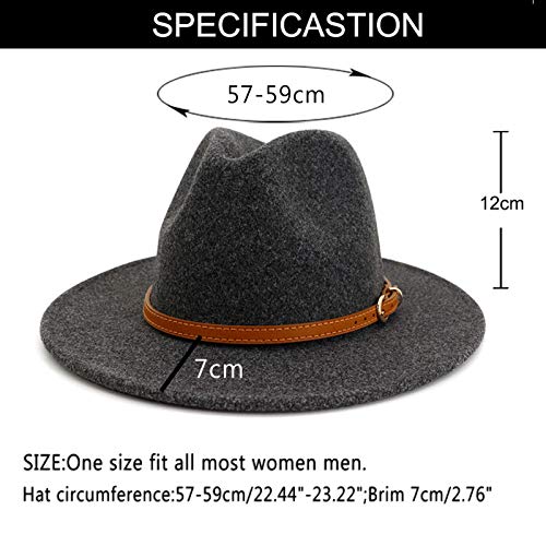 Gossifan Classic Wool Fedora Hats Wide Brim Belt Buckle for Women & Men-A Brown Belt Light Grey - .