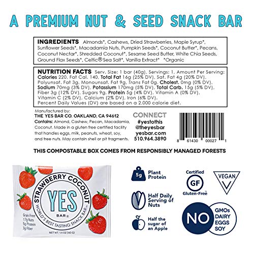 YES BAR – Dark Chocolate Chip – Plant Based Protein, Decadent Snack bar – Vegan, Paleo, Gluten Free, Low Sugar, Healthy Snack, Breakfast, Keto Friendly, Kids Snack, (6 Count) - .