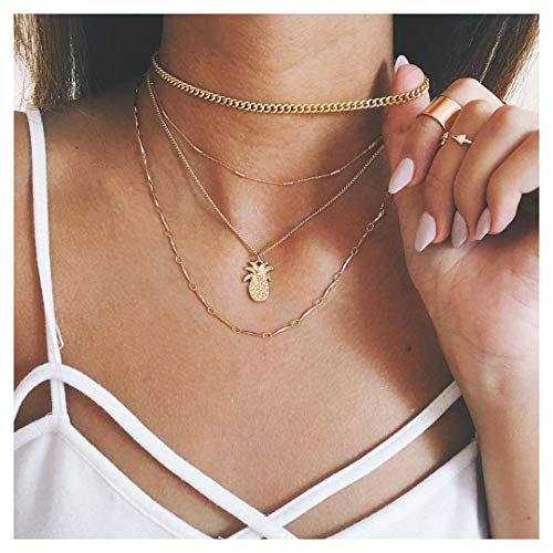 DoubleNine Pineapple Pendant Multilayer Necklace Gold Chain Fruit Charm Vintage 90s Style Choker Accessories for Women and Girl - .