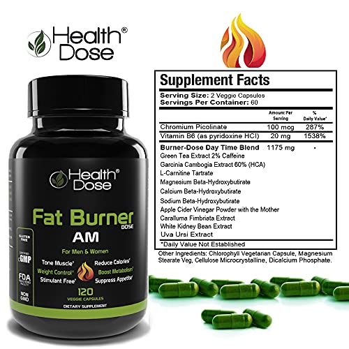 Fat Burner Dose Am Day-Time by Health Dose, 120 Vegetarian Capsules, Green Tea, L-Carnitine Tartrate, Uva Ursi, Garcinia Cambogia, Apple Cider Vinegar - More, Weight Loss for Men & Women Supp - .
