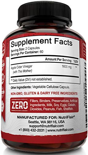 Apple Cider Vinegar Capsules with Mother 1600mg - 120 Vegan ACV Pills - Best Supplement for Healthy Weight Loss, Diet, Keto, Digestion, Detox, Immune - Powerful Cleanser & Appetite Suppressan - .