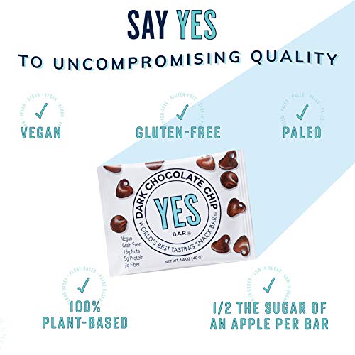 YES BAR – Dark Chocolate Chip – Plant Based Protein, Decadent Snack bar – Vegan, Paleo, Gluten Free, Low Sugar, Healthy Snack, Breakfast, Keto Friendly, Kids Snack, (6 Count) - .