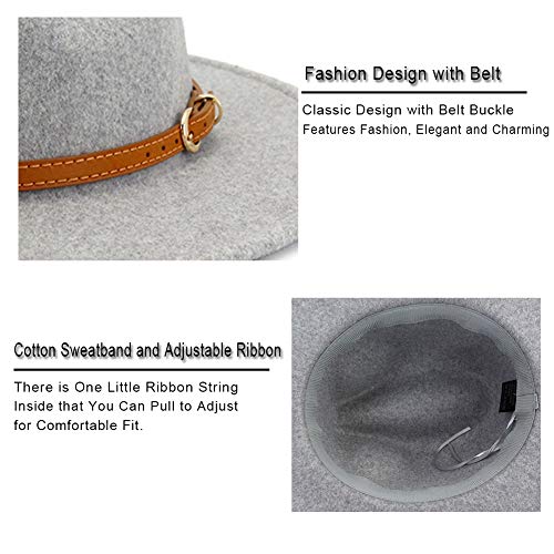 Gossifan Classic Wool Fedora Hats Wide Brim Belt Buckle for Women & Men-A Brown Belt Light Grey - .