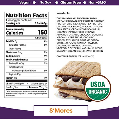 Orgain Organic Plant Based Protein Bar, S'Mores - Vegan, Gluten Free, Non Dairy, Soy Free, Lactose Free, Kosher, Non-GMO, 1.41 Ounce, 12 Count (Packaging May Vary) - .