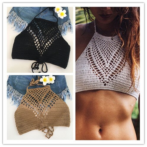 Women Hollow Out Crochet Bikini Tank Sexy Plain Tops Shirt Summer Short Vest White Halter Vest Strap Crop Tops - .