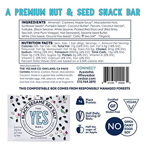 YES BAR – Dark Chocolate Chip – Plant Based Protein, Decadent Snack bar – Vegan, Paleo, Gluten Free, Low Sugar, Healthy Snack, Breakfast, Keto Friendly, Kids Snack, (6 Count) - .