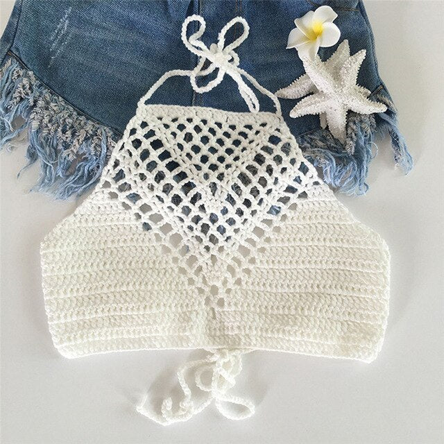 Women Hollow Out Crochet Bikini Tank Sexy Plain Tops Shirt Summer Short Vest White Halter Vest Strap Crop Tops - .