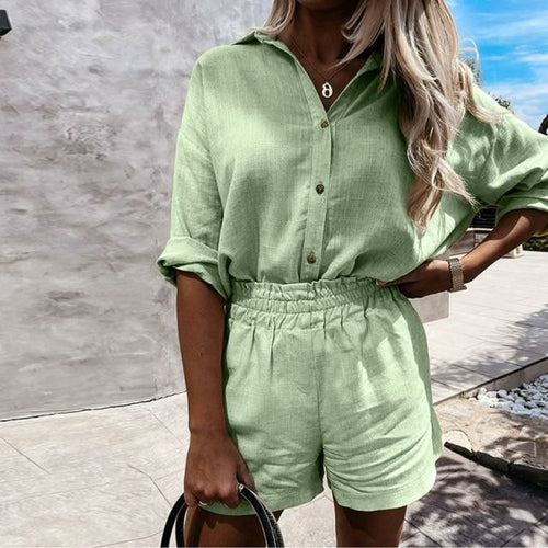 Linen Shorts Set andTurn-down Collar Long Sleeve Shirt - .