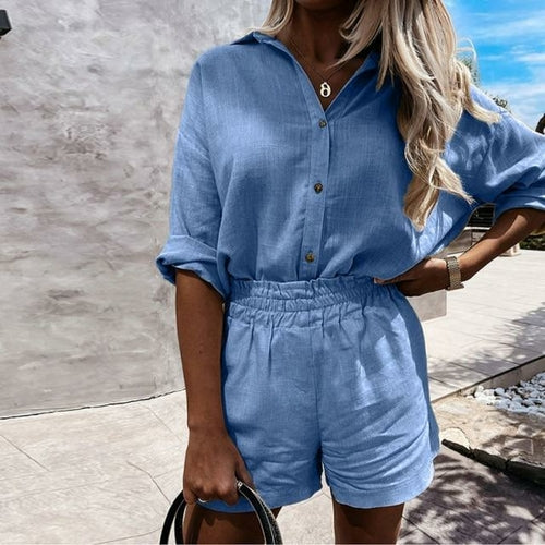 Linen Shorts Set andTurn-down Collar Long Sleeve Shirt - .