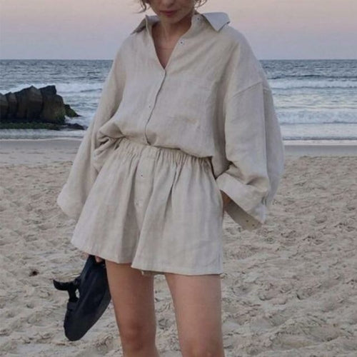 Linen Shorts Set andTurn-down Collar Long Sleeve Shirt - .