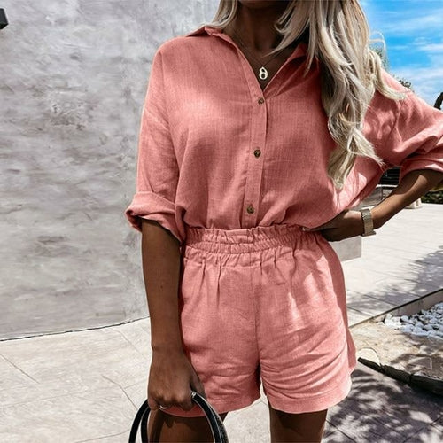 Linen Shorts Set andTurn-down Collar Long Sleeve Shirt - .